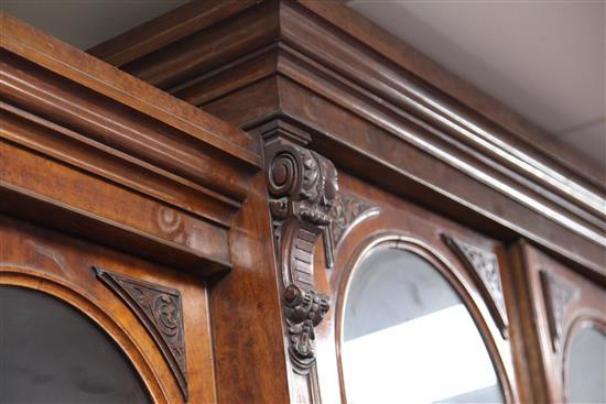 A good Victorian pollard oak breakfront library bookcase, W.8ft D.1ft 10in. H. including detached pediment scrolls 9ft 2in.